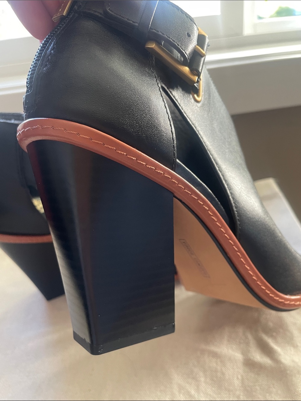Vince Camuto Black Leather Open-Toe Buckle Heeled Booties with Brown Trim - Picture 7 of 10